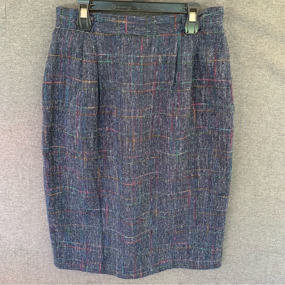 Vintage Classic Navy Tweed Pencil Skirt Women's Size 12 Made in USA 70s 80s Wool